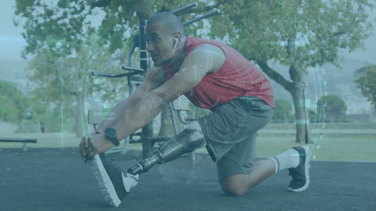 Man with prosthetic leg stretching in park with digital data overlay animation