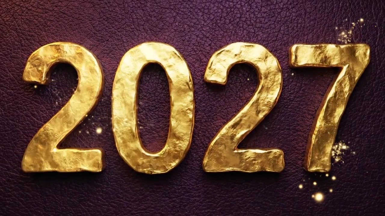 Numeri animati del nuovo anno 2027 con scritte metalliche dorate e sfondo scuro