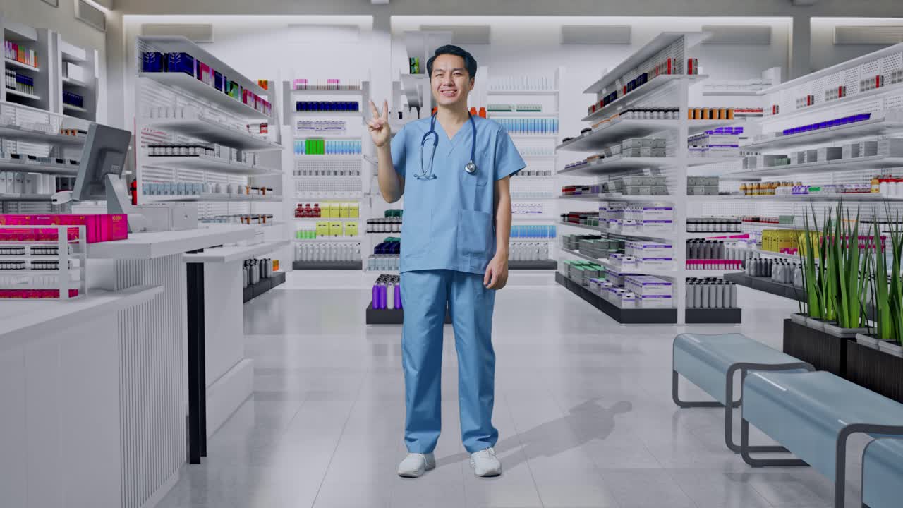 스테토스코프를 가진 아시아 남성 의사의 몸통이 가득 차 있습니다. 약국에서 평화와 미소를 짓는 몸짓을 보여줍니다.