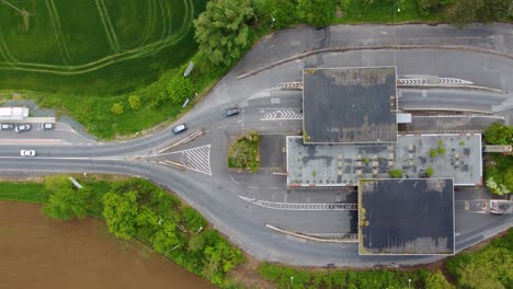 Old-border-crossing-Hataratkelo---Bucsu-between-Austria-and-Hungary,-aerial-top-down-view