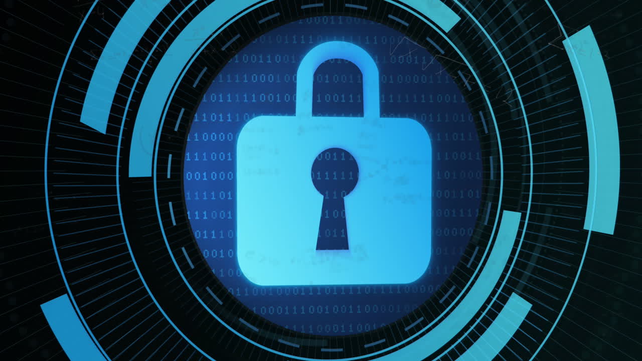 animación de puntos alrededor del candado en círculos sobre ecuación matemática contra fondo negro