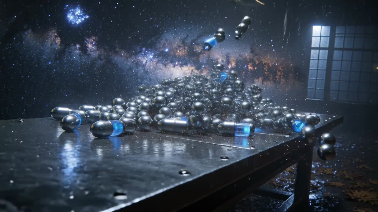Floating glowing capsule sending blue capsules and metal spheres onto riveted table, forming mound