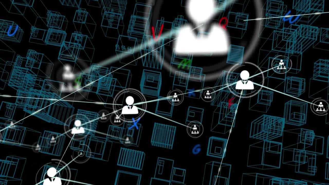 프로필 아이콘과 글자의 네트워크가 블랙 배경에 대한 도시 모델을 공중에서 볼 수 있습니다.