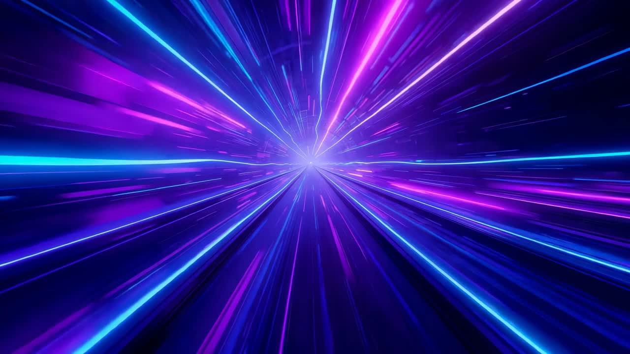 Flashing central point radiating neon streaks through virtual tunnel, simulating forward travel