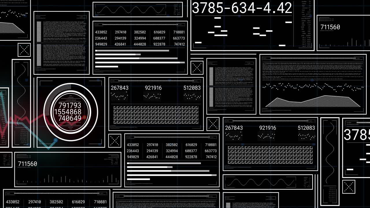 Displaying digital data panels with numbers, graphs, and charts, black background