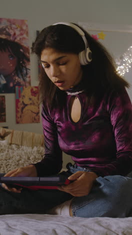 young woman in bedroom with headphones