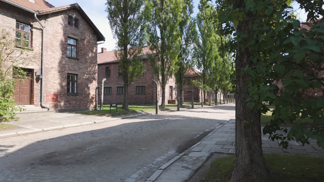 Auschwitz camp with historic brick barracks and solemn pathways amidst dark history