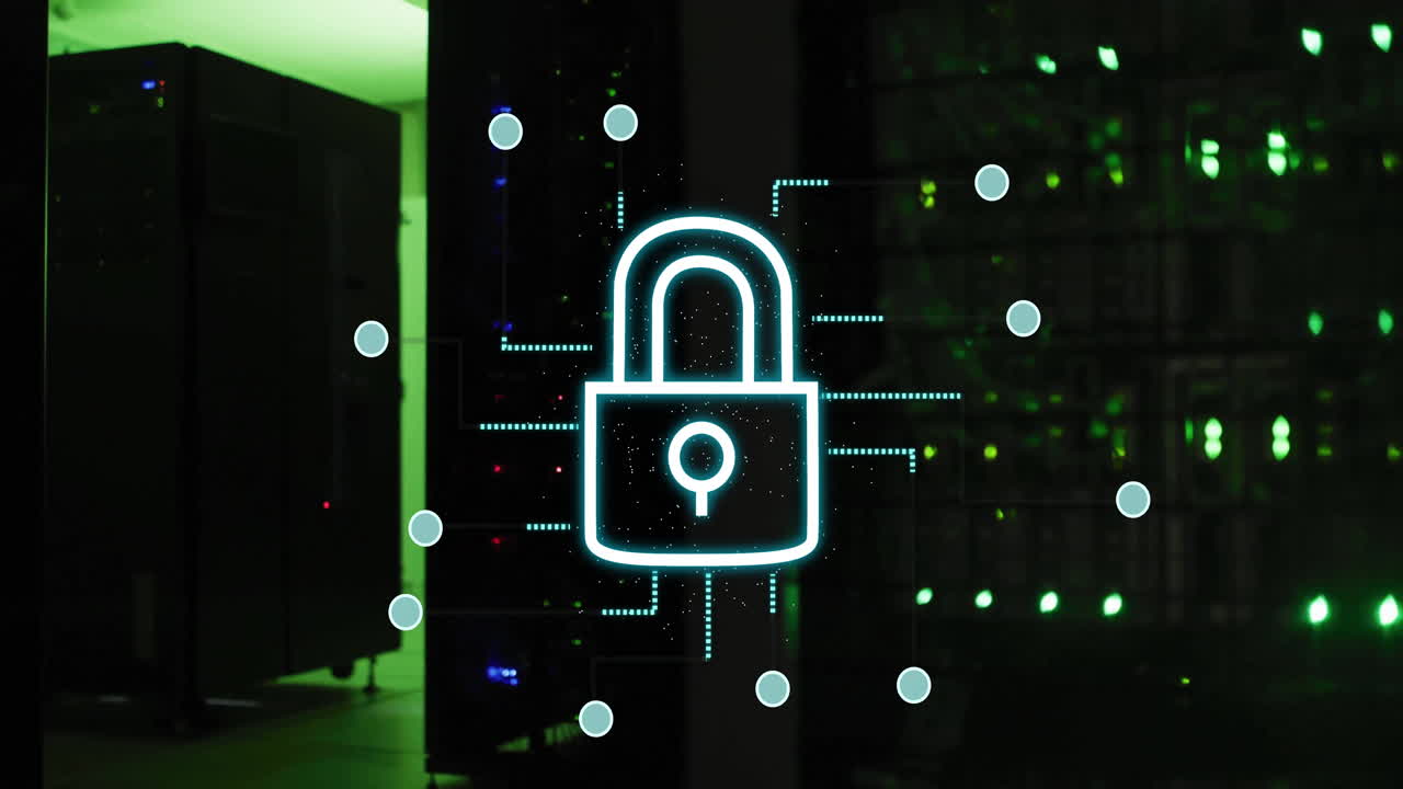 Lock icon with circuit lines animation over server room background