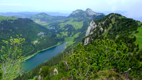 landscape nature with a lake below the mountain