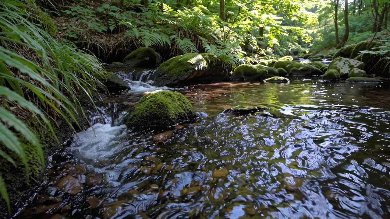 A serene forest stream with mossy rocks, captured from a low-angle, showcasing nature's tranquility