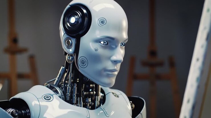 Un artista robotico futuristico crea meticolosamente un dipinto, mostrando l'intersezione tra tecnologia e creatività nel regno dell'intelligenza artificiale e dell'arte