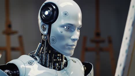 a futuristic robotic artist meticulously creates a painting, showcasing the intersection of technology and creativity in the realm of artificial intelligence and artistry