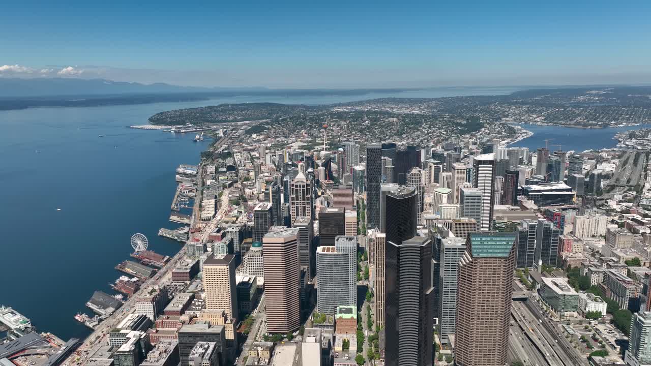 Wide aerial view of Seattle's downtown area on a sunny day