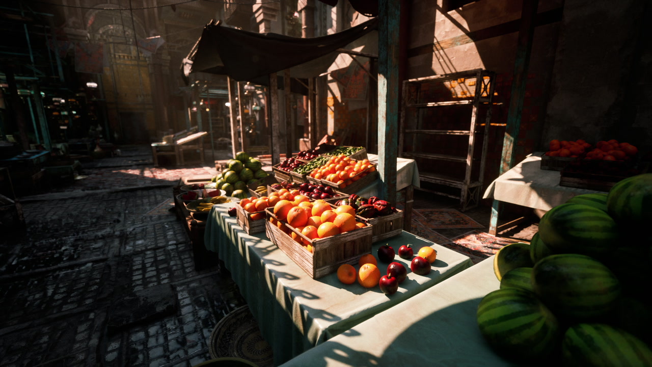 Colorful fruit stalls in a vibrant market during daylight hours