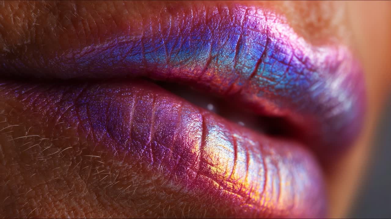Close-up of Glossy, Iridescent Lips with Colorful Hues: A Stunning Display of Violet, Pink, and Blue Reflections that Captures the Beauty and Vibrancy of Makeup Artistry