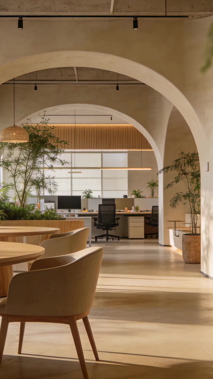Video verticale: Telecamera che panoramica mostrando un'apertura ad arco illuminata dal sole e un tavolo rotondo con sedia in ufficio.