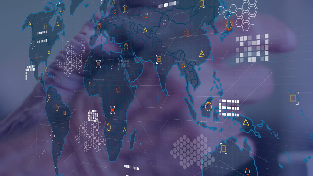 Animation of world map and data processing over caucasian man washing hands