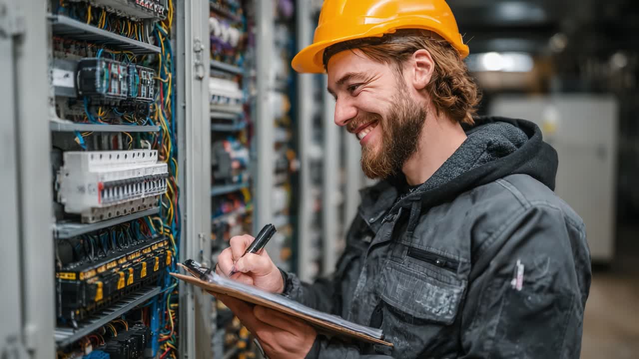 Electrical Technician Assessing Control Panels with Safety Gear in a Modern Facility: Focused on Maintenance and Documentation Responsibilities