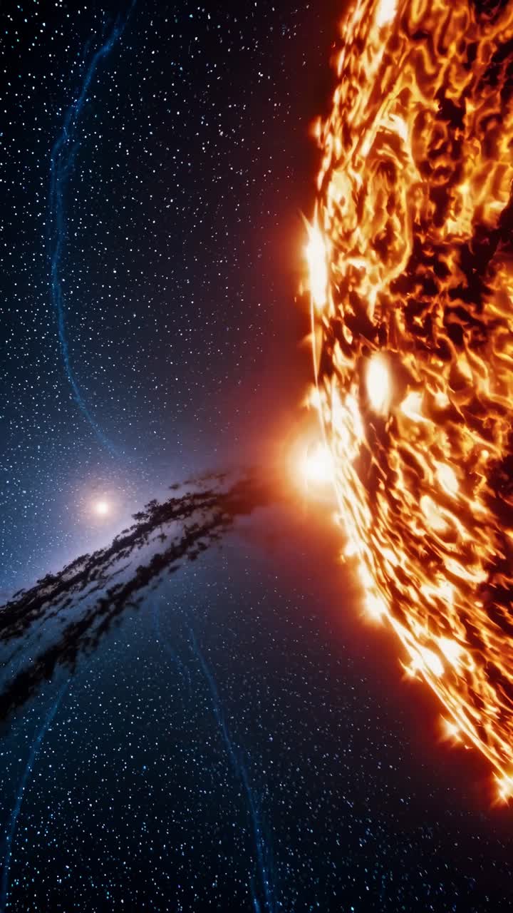Video dinamico dello spazio con una drammatica inquadratura dal basso di un corpo celeste infuocato su uno sfondo stellato.