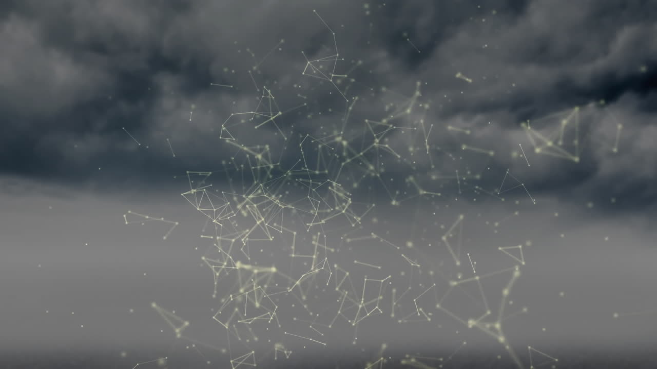 Glowing lines and nodes forming animation over stormy sky in abstract pattern