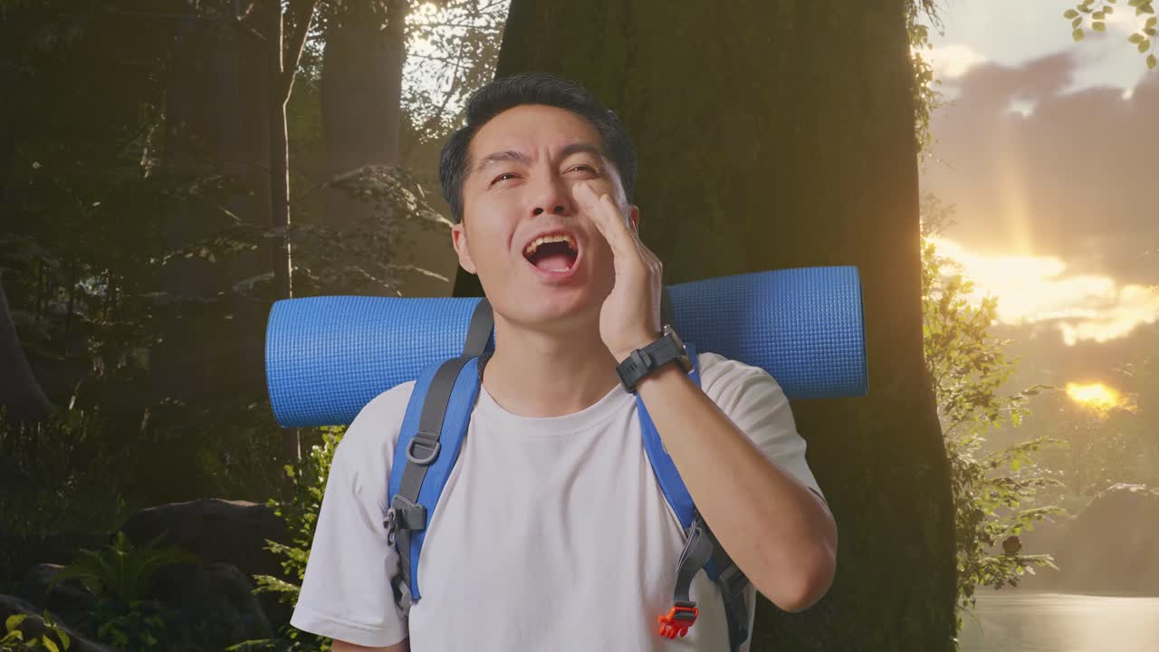 숲에서 소리치는 행복한 산책객