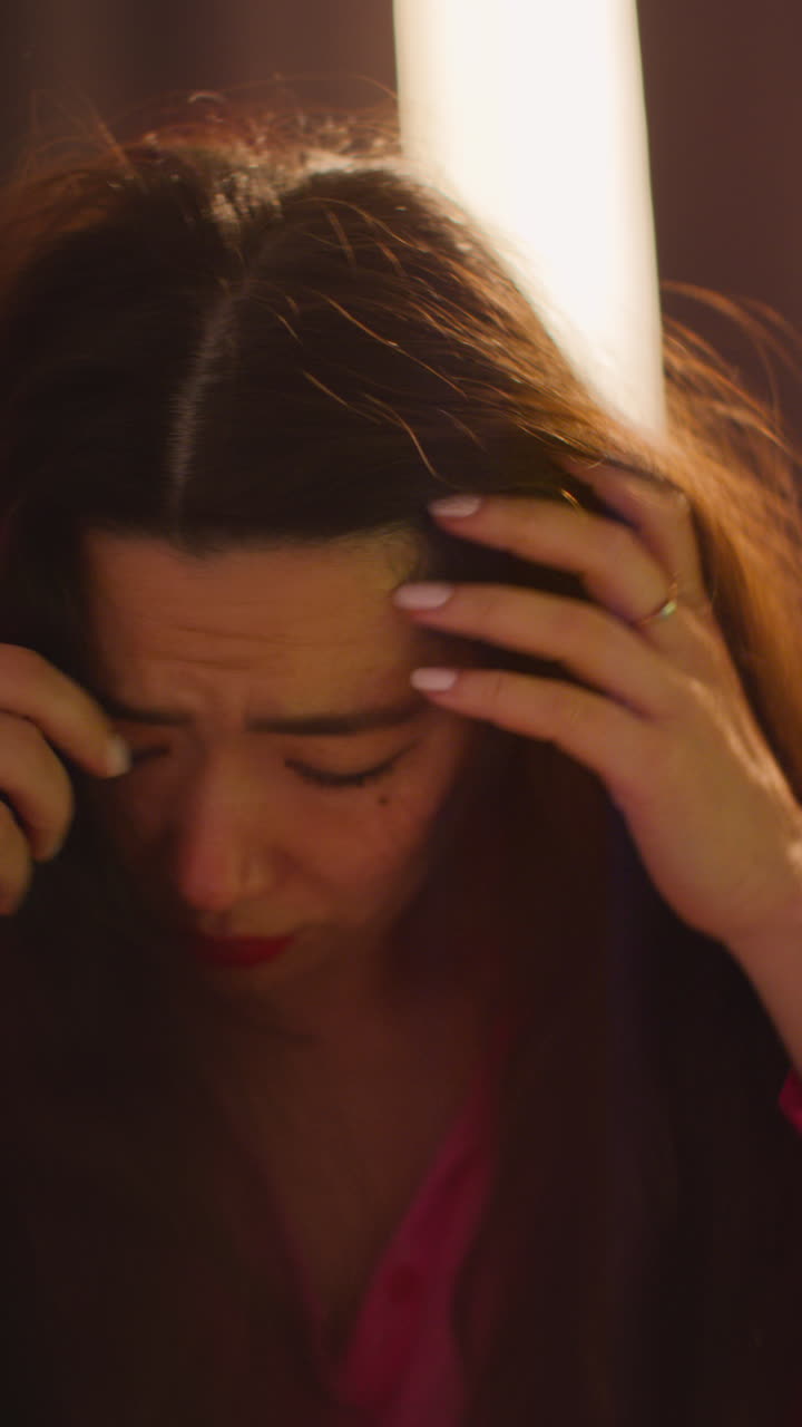 video verticale di una donna confusa seduta sul divano dopo aver bevuto alcol a una festa in casa che soffre di sbornia 1