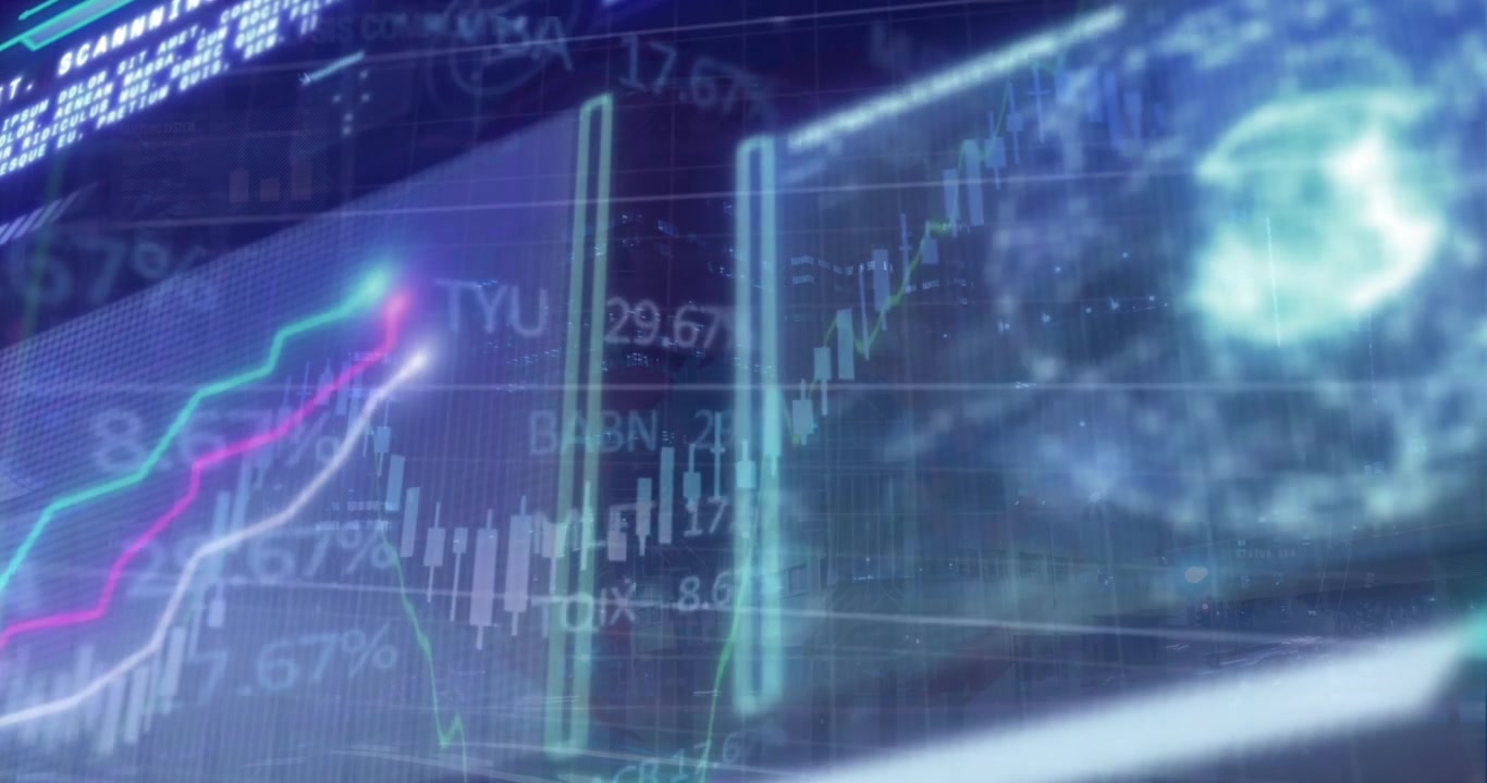 Animazione di interfaccia con elaborazione di dati finanziari e di borsa su sfondo di panorama urbano.