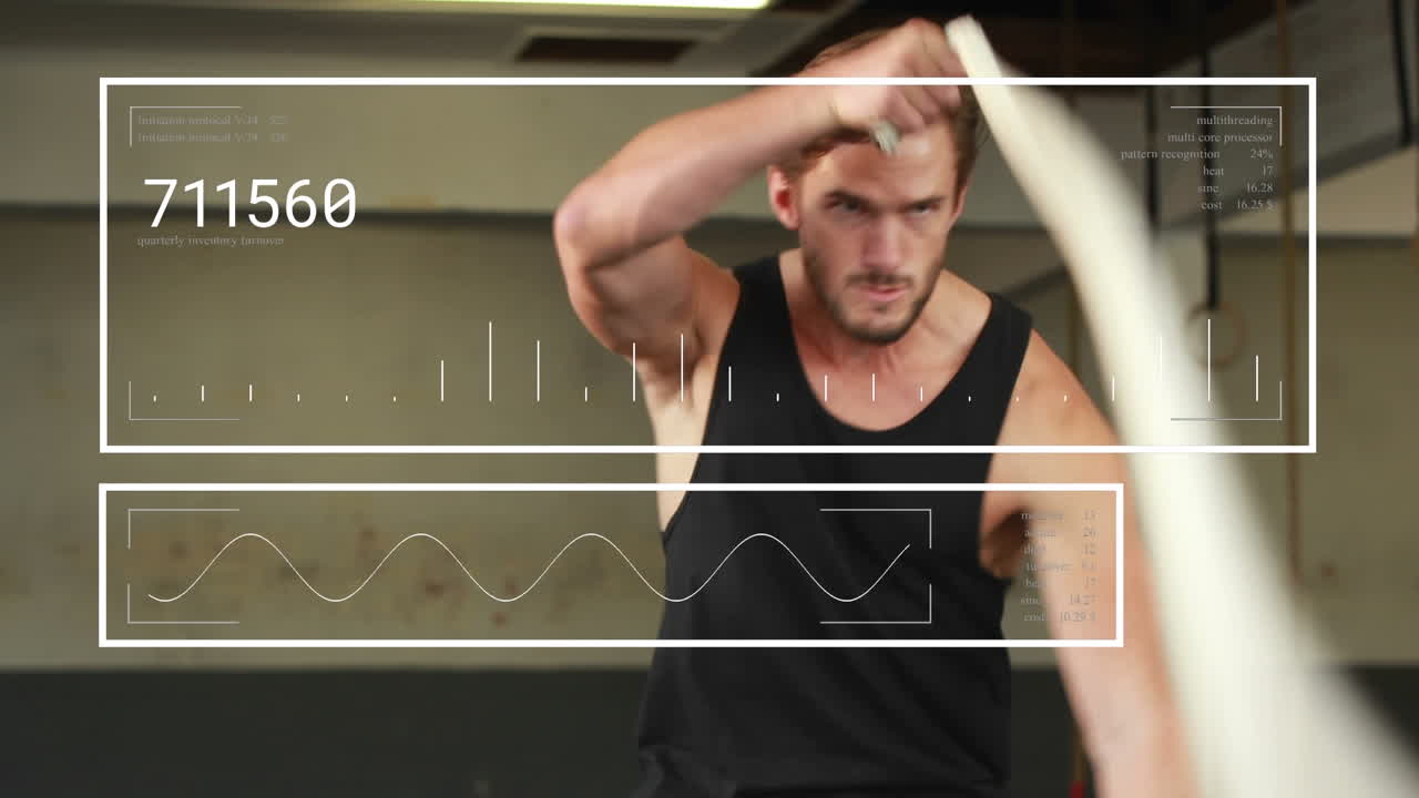 animación de procesamiento de datos contra un hombre en forma caucásico realizando ejercicios con cuerdas en el gimnasio.