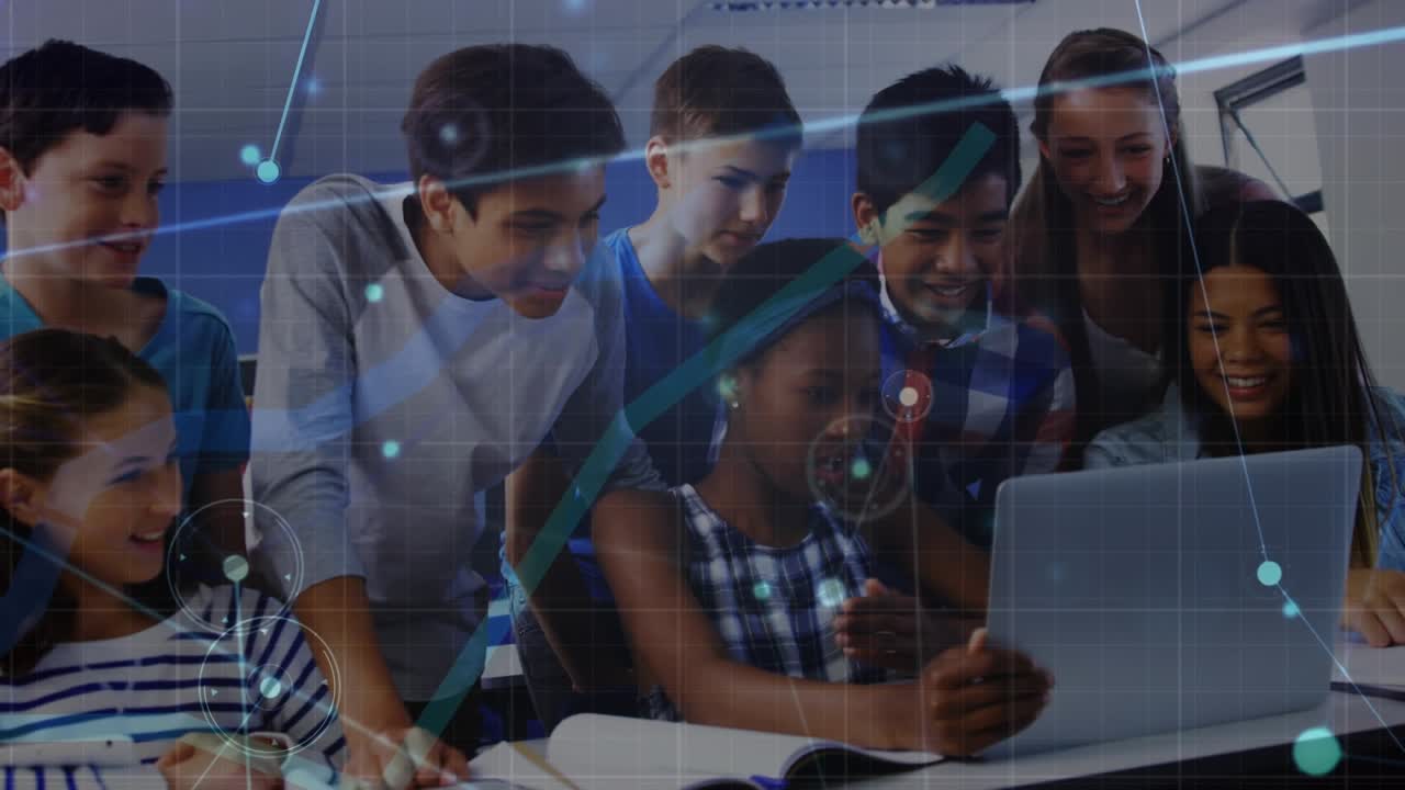 Animation of network of connections over teacher and school children using tablets