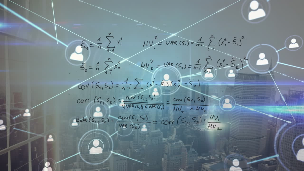 도시를 가로지르는 아이콘과 수학 방정식으로 연결된 네트워크의 애니메이션