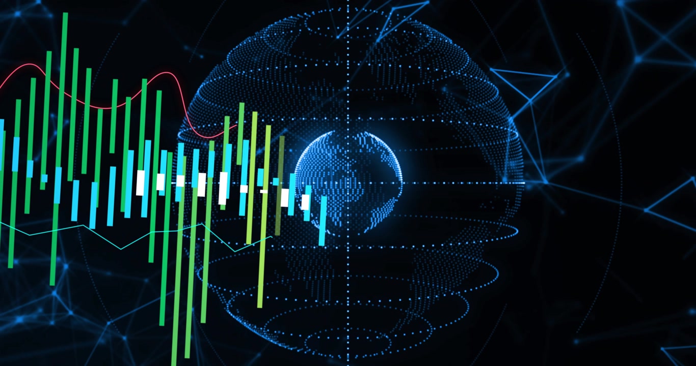 Green bars entering left initiating wireframe globe rotating and animating red and teal data trends