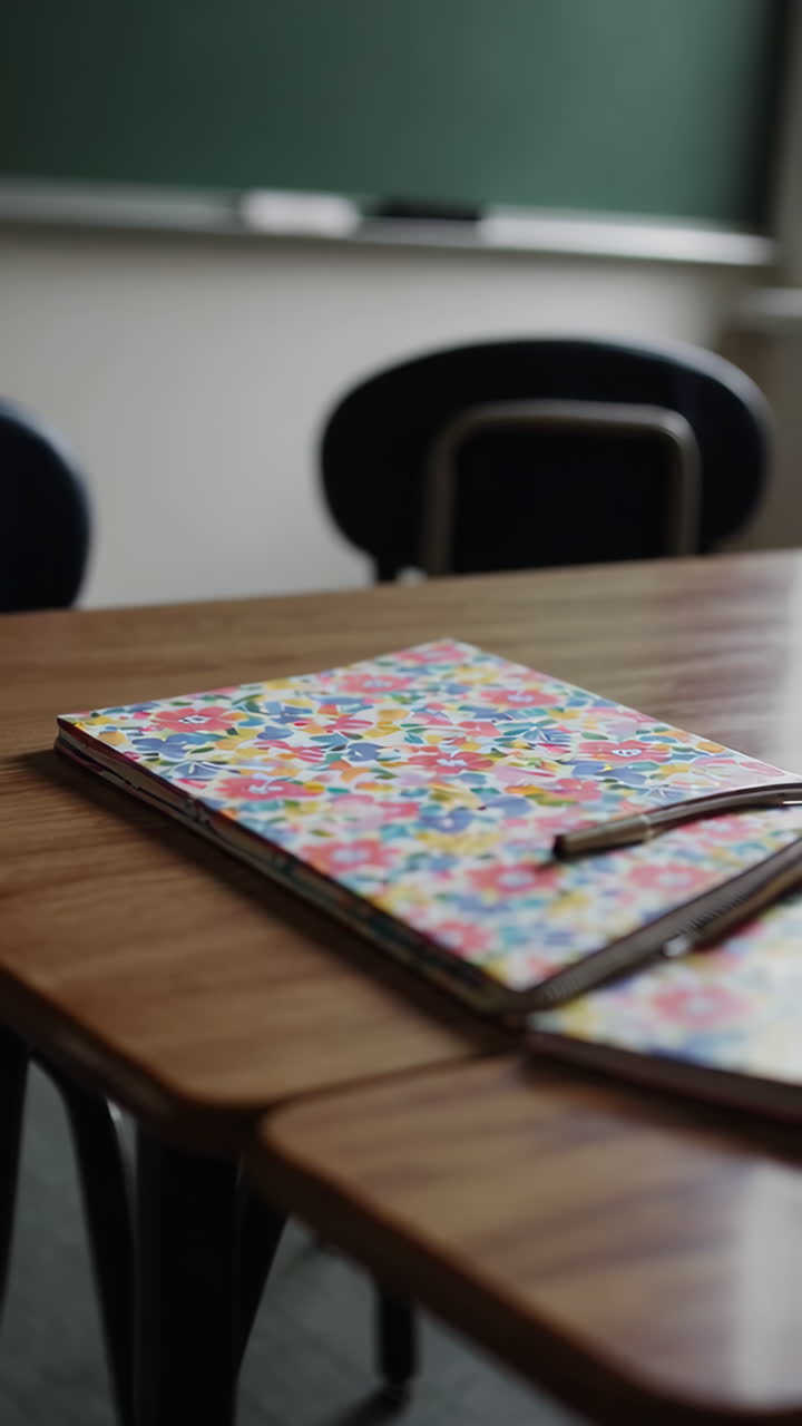 Classroom Desk with Notebooks and Pen