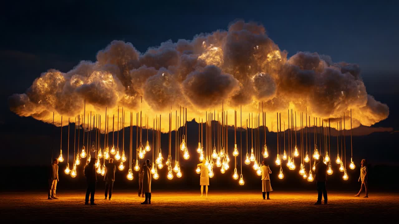 A mesmerizing scene unfolds as illuminated figures stand beneath a magnificent cloud adorned with glowing light bulbs, creating an ethereal connection between the earthly and the celestial