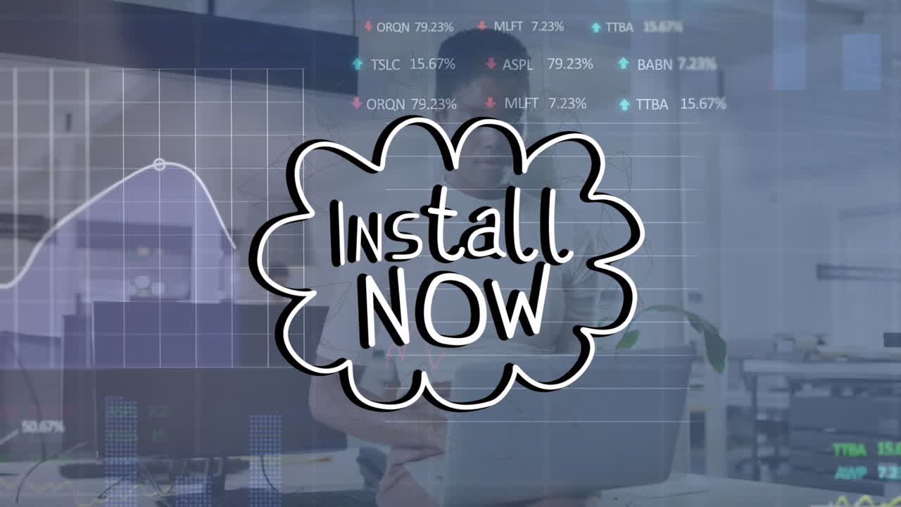 이제 다양한 비즈니스 사람들 위에 텍스트 및 데이터 처리를 설치하는 애니메이션