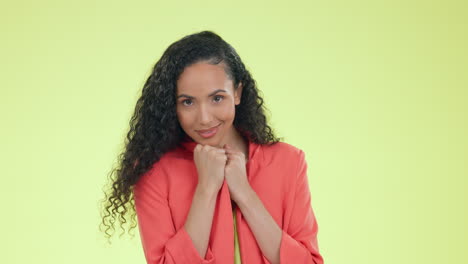 Happy,-smile-and-shy-with-woman-in-studio