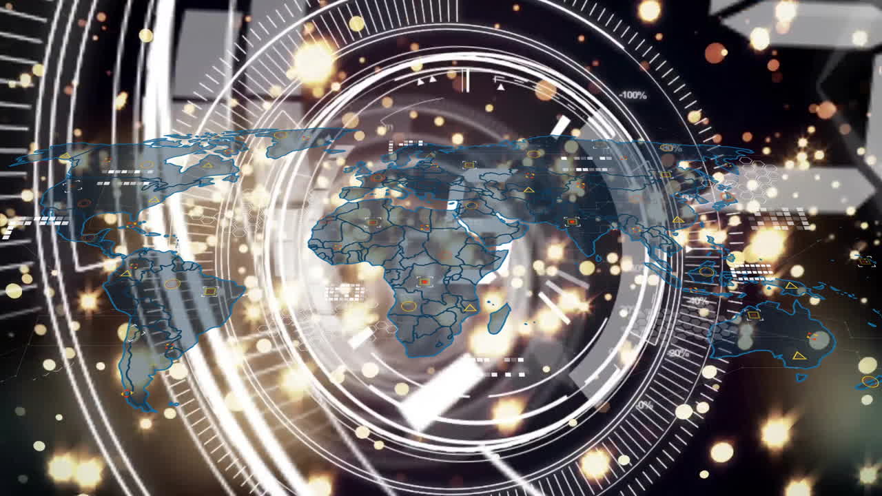 Animation of digital world map with glowing circles over futuristic interface