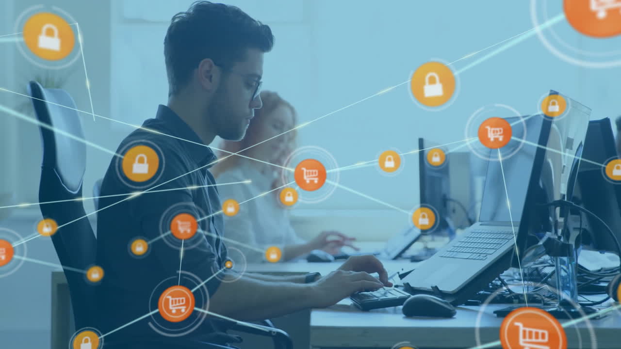 animación de la red de conexiones con iconos sobre diversos colegas que trabajan en la oficina