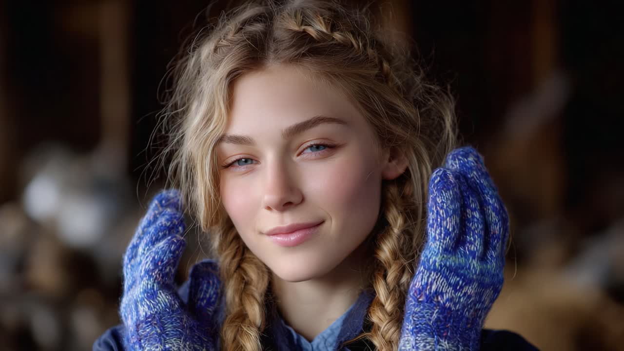 A Cheerful Young Woman in Cozy Blue Knit Gloves Smiling Gently, Radiating Warmth and Joy Amidst a Rustic Background of Soft Textures and Nature