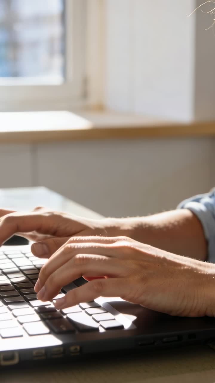 Video verticale: Mani che digitano dopo uno zoom della telecamera, donna con camicia a maniche arrotolate che lavora al laptop vicino a una finestra