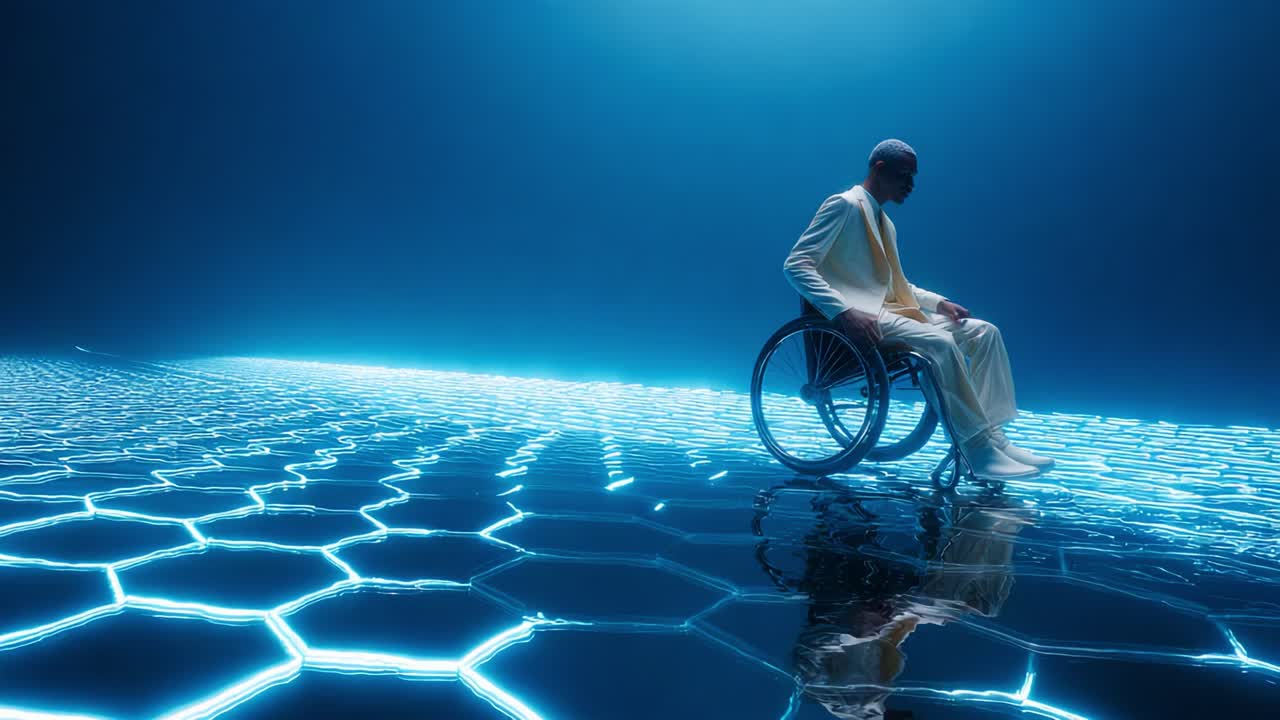A solitary figure in a wheelchair navigates a futuristic, illuminated hexagonal surface, embodying strength and resilience in an immersive digital landscape