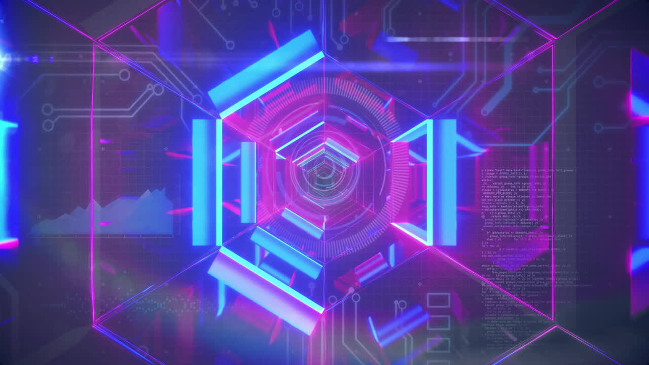 Digital data processing animation with futuristic hexagon and neon lines