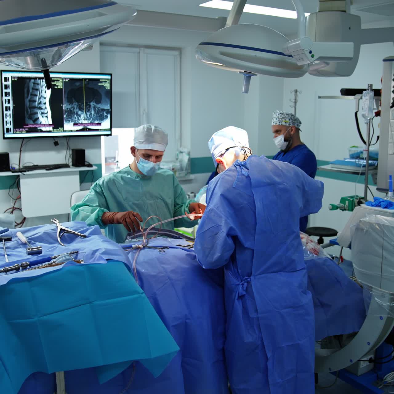 Medical team in the process of operation. Numerous instruments laid over the patient. Gradual distancing from doctors at work to a hospital corridor