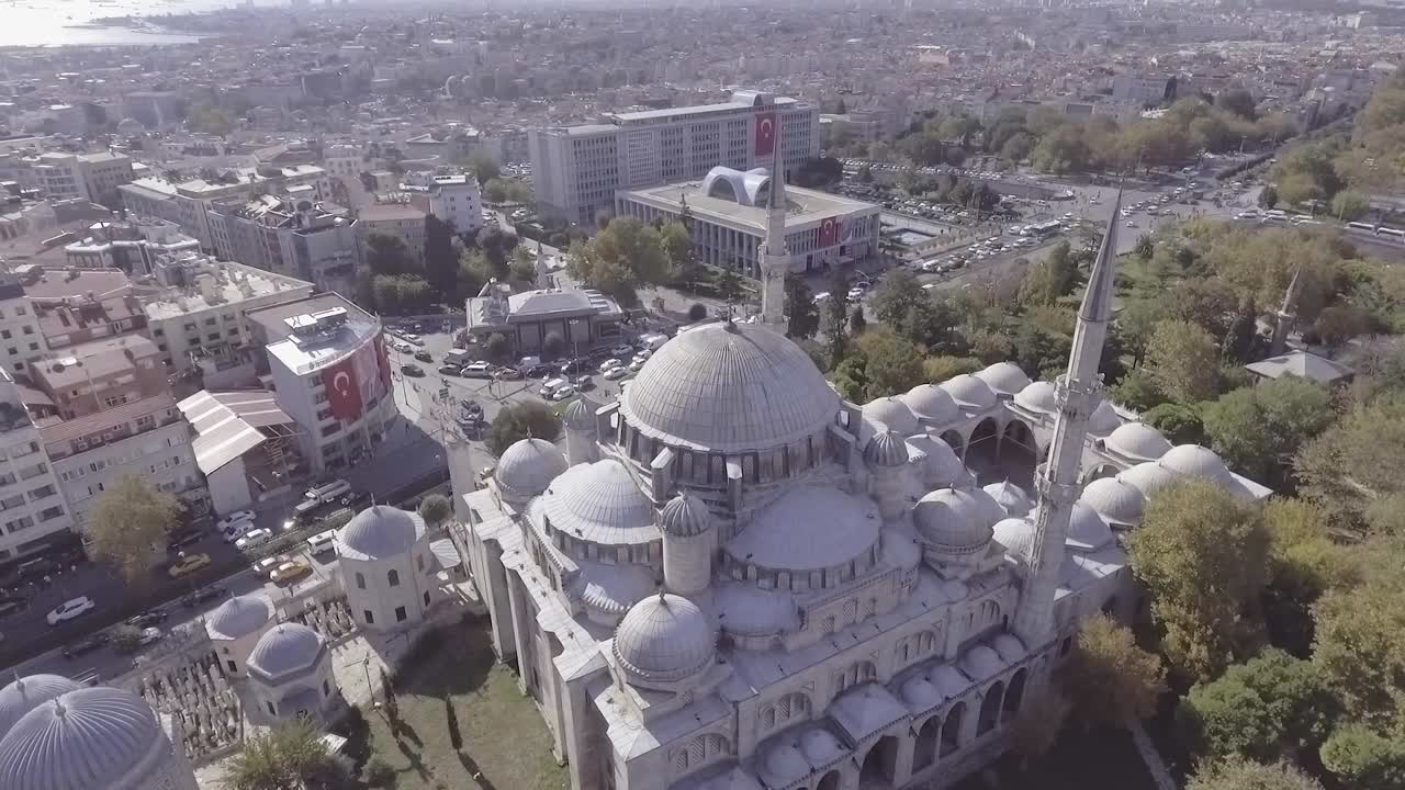 Beautiful Aerial Around Spires Of Mosque Reveals Bosphorus River And The City Of Istanbul Turkey 2