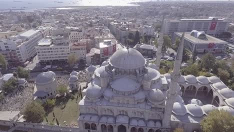 Beautiful-Aerial-Around-Spires-Of-Mosque-Reveals-Bosphorus-River-And-The-City-Of-Istanbul-Turkey-2