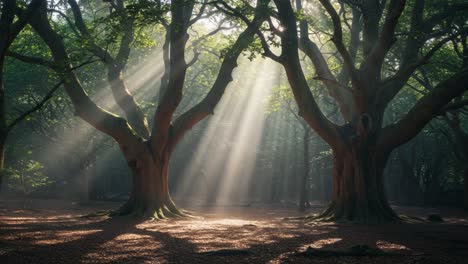 a serene forest scene with majestic trees and ethereal sunlight filtering through the canopy, creating a mystical atmosphere in nature's embrace