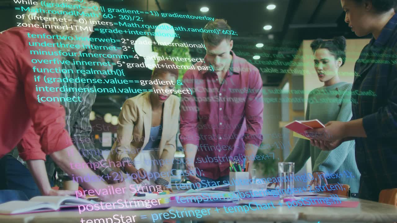 Six colleagues spreading documents planning IT strategy while code overlay appearing after seconds