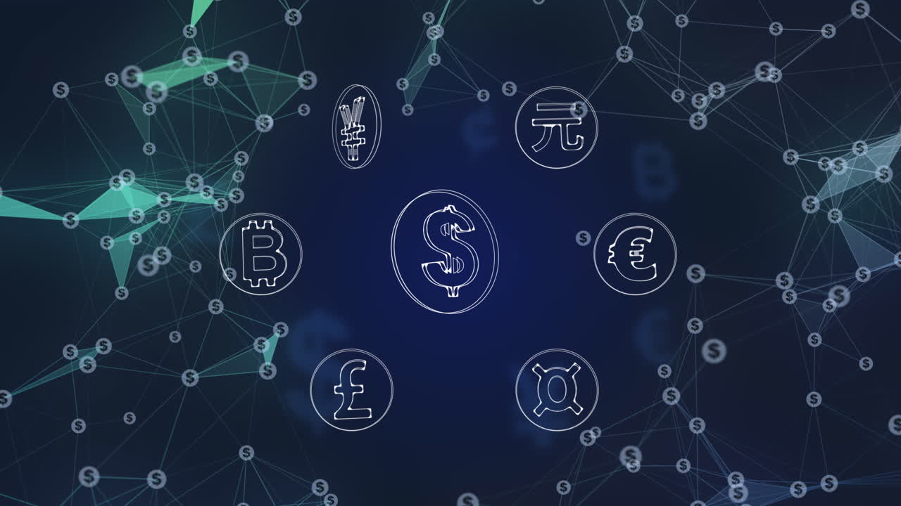 Symbols of world currencies. Dollar sign in the center. Rotating money signs on an abstract blue background with plexus lines.