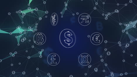 symbols of world currencies. dollar sign in the center. rotating money signs on an abstract blue background with plexus lines.