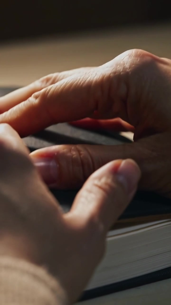 Vertical video: Entering tan sleeve hand turning Asian-text book on desk, pressing cover to mark