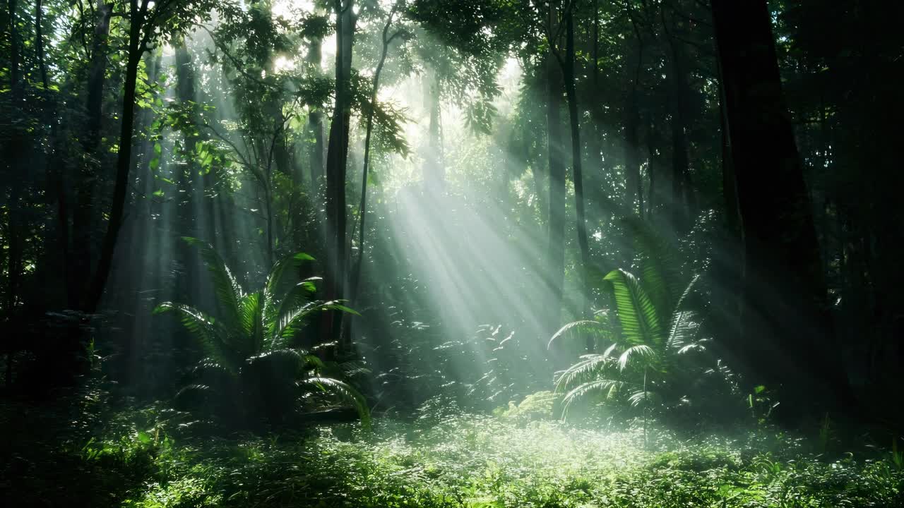 En rolig skovscene med sollys, der strømmer gennem træerne, fotograferet fra en lav engel
